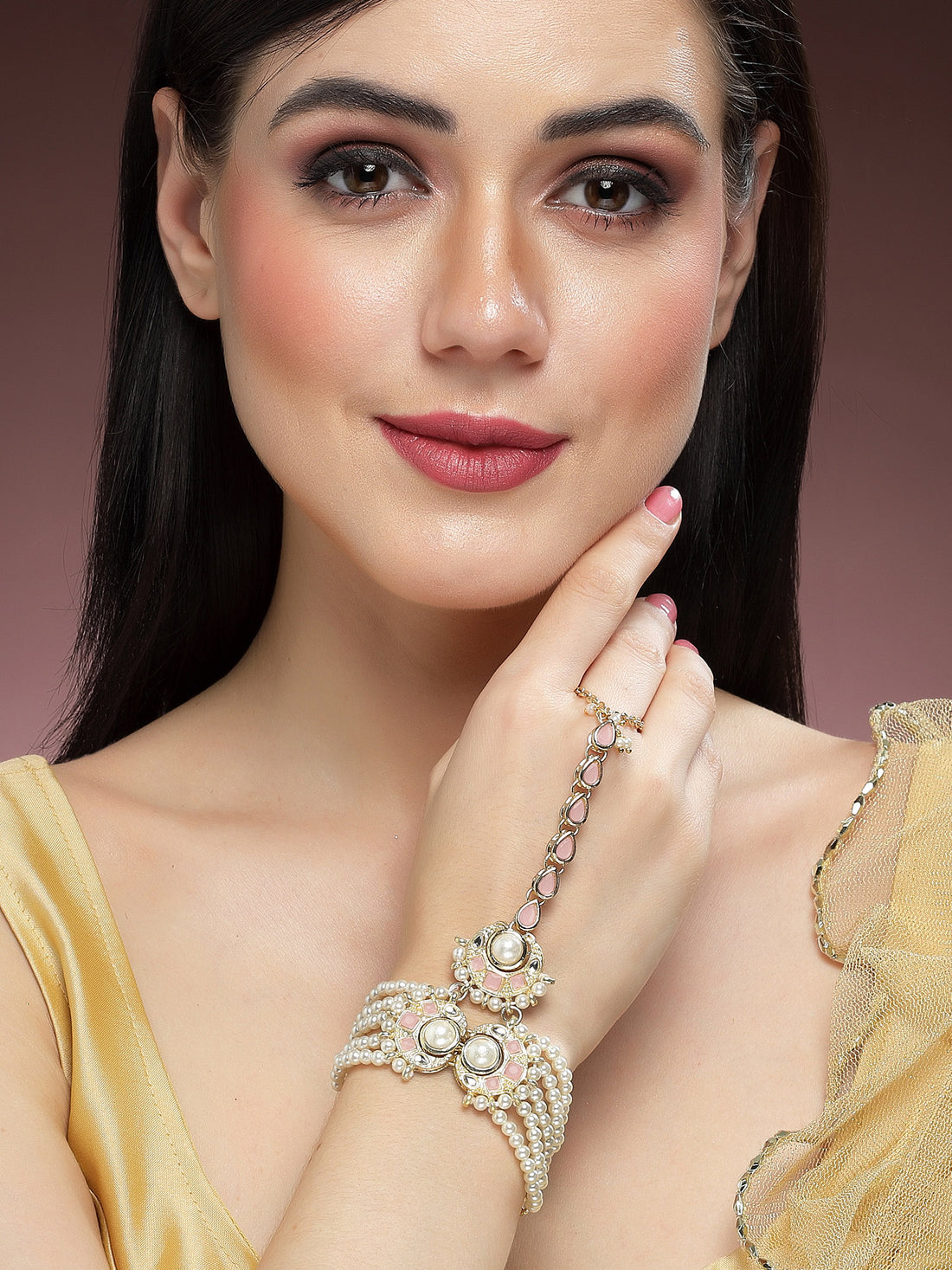 Karatcart Gold Plated Pink Kundan and Pearl Hathphool for Women