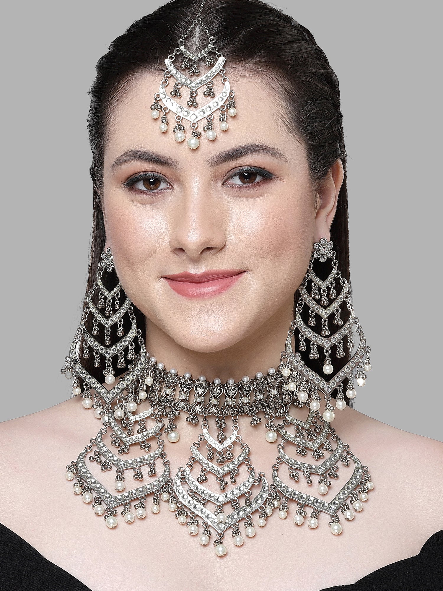 KARATCART Oxidised Silver Kundan Bridal Silver Jewellery Set for Women