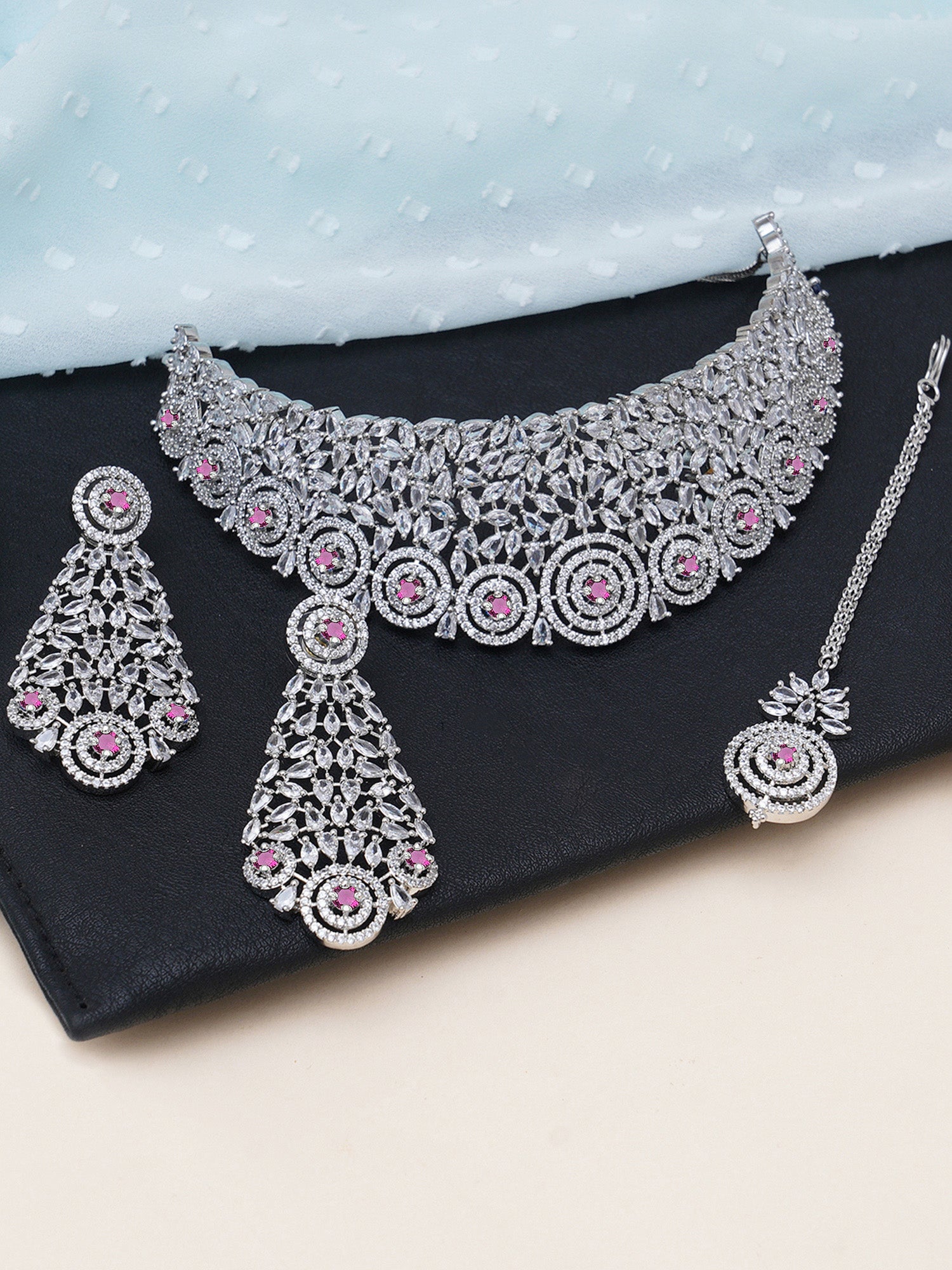 KARATCART Silver Plated American Diamond Choker Pink Jewellery Set