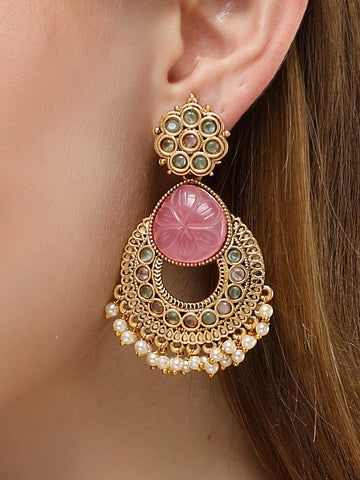 Karatcart Gold Plated Pink Carved Stone Drop Earrings for Women