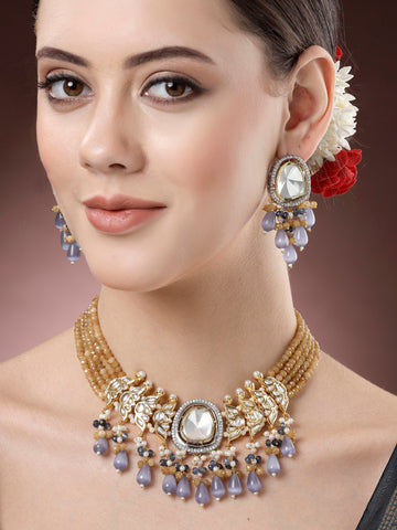 Karatcart Gold Plated Purple Drop Bead Mustard Crystal Beaded Polki Choker Necklace Set for Women