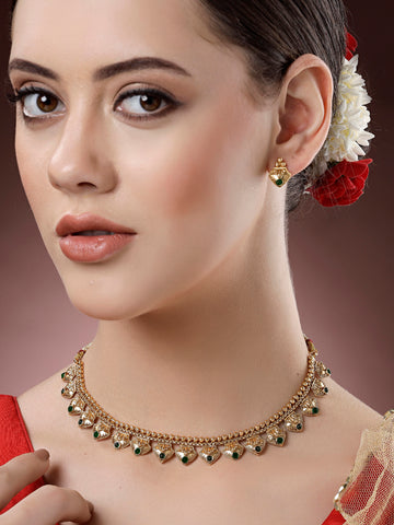 Karatcart Gold Plated Green Stone Minimal Necklace Set for Women