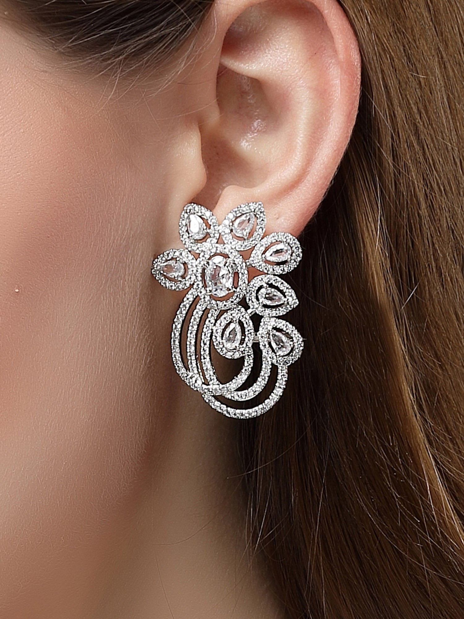 KARATCART Silver Plated American Diamond Stud Silver Earrings for