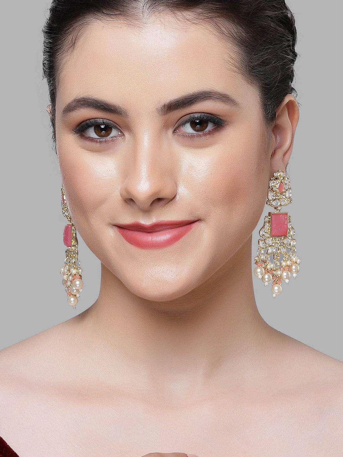 Karatcart Gold Plated Pink Carved Stone Kundan Drop Earrings for Women