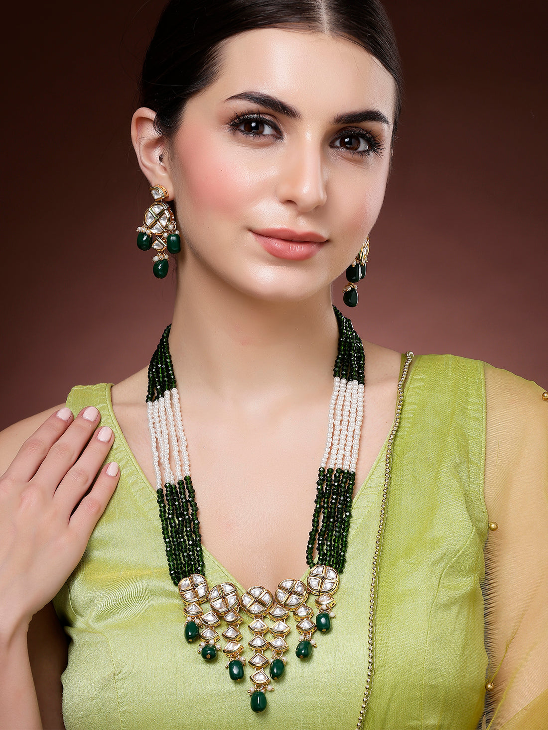 Karatcart Green Crystal Ploki Kundan Rani Haar Necklace Set for Women