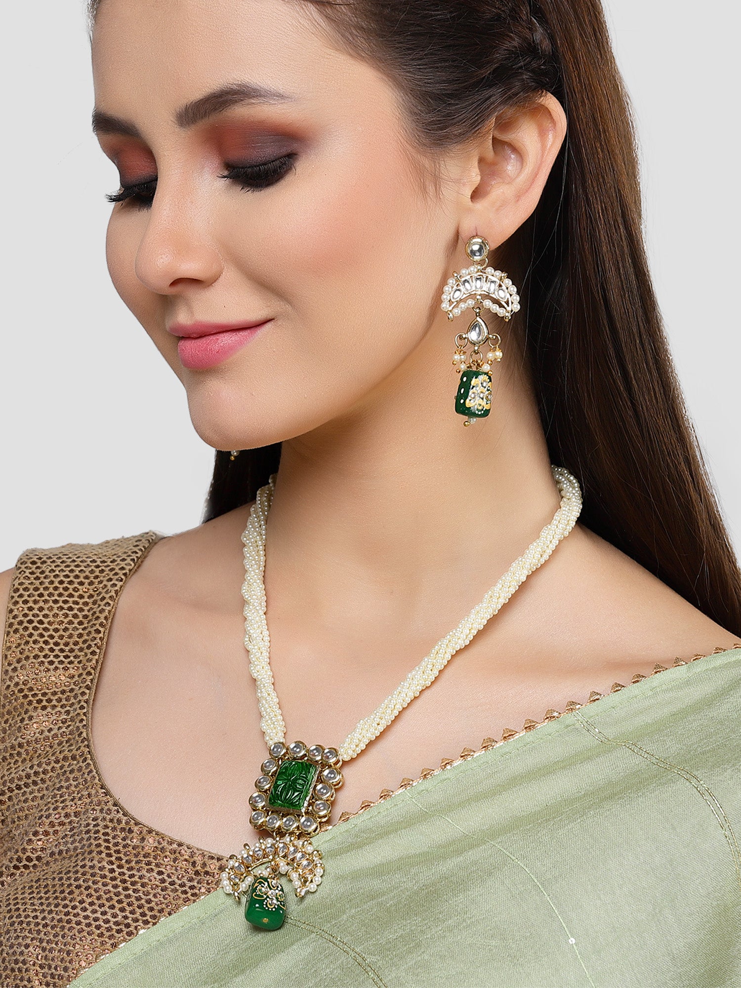 KARATCART Gold Plated Kundan Rani Haar Green Jewellery Set for Women