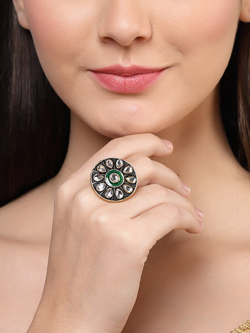 Karatcart Gold Plated Green Meena Kundan Studded Cocktail Rings for Women