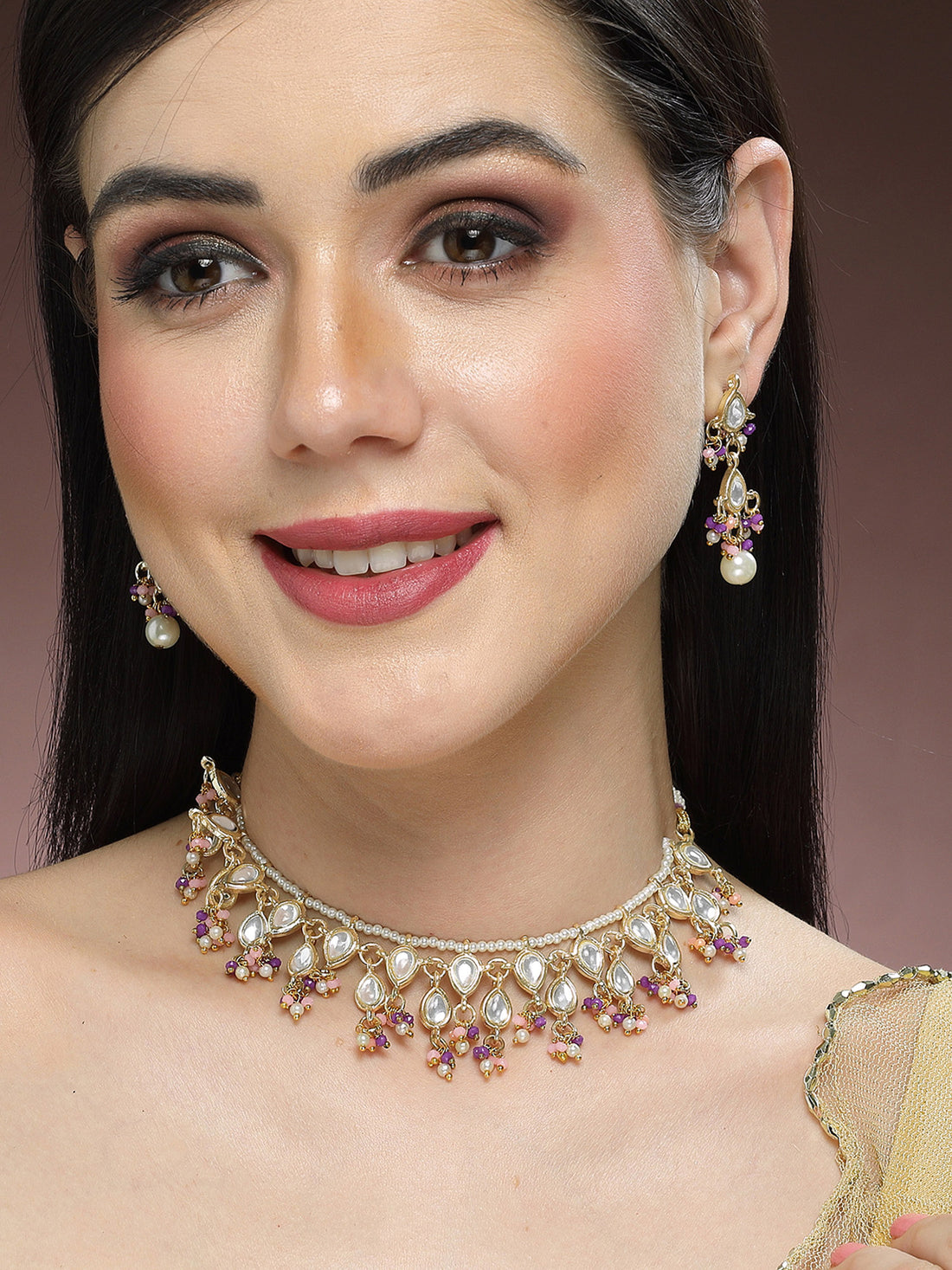 KARATCART Gold Plated Kundan Classic Purple and Pink Jewellery Set for Women