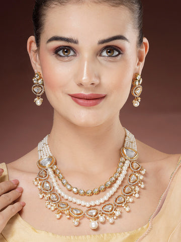 Karatcart Polki Kundan Drop Pearl Design Rani Haar Necklace Set for Women