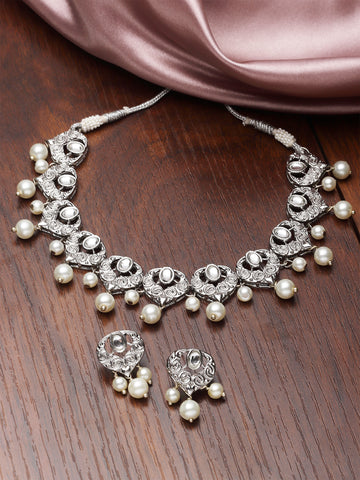 Karatcart Silver Plated Heart Shape Kundan and Pearl Studded Necklace Set for Women