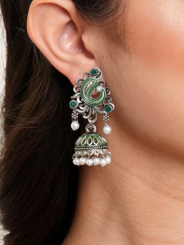 Karatcart Oxidised Silver Green Stone with Meena Jhumki Earrings for Women
