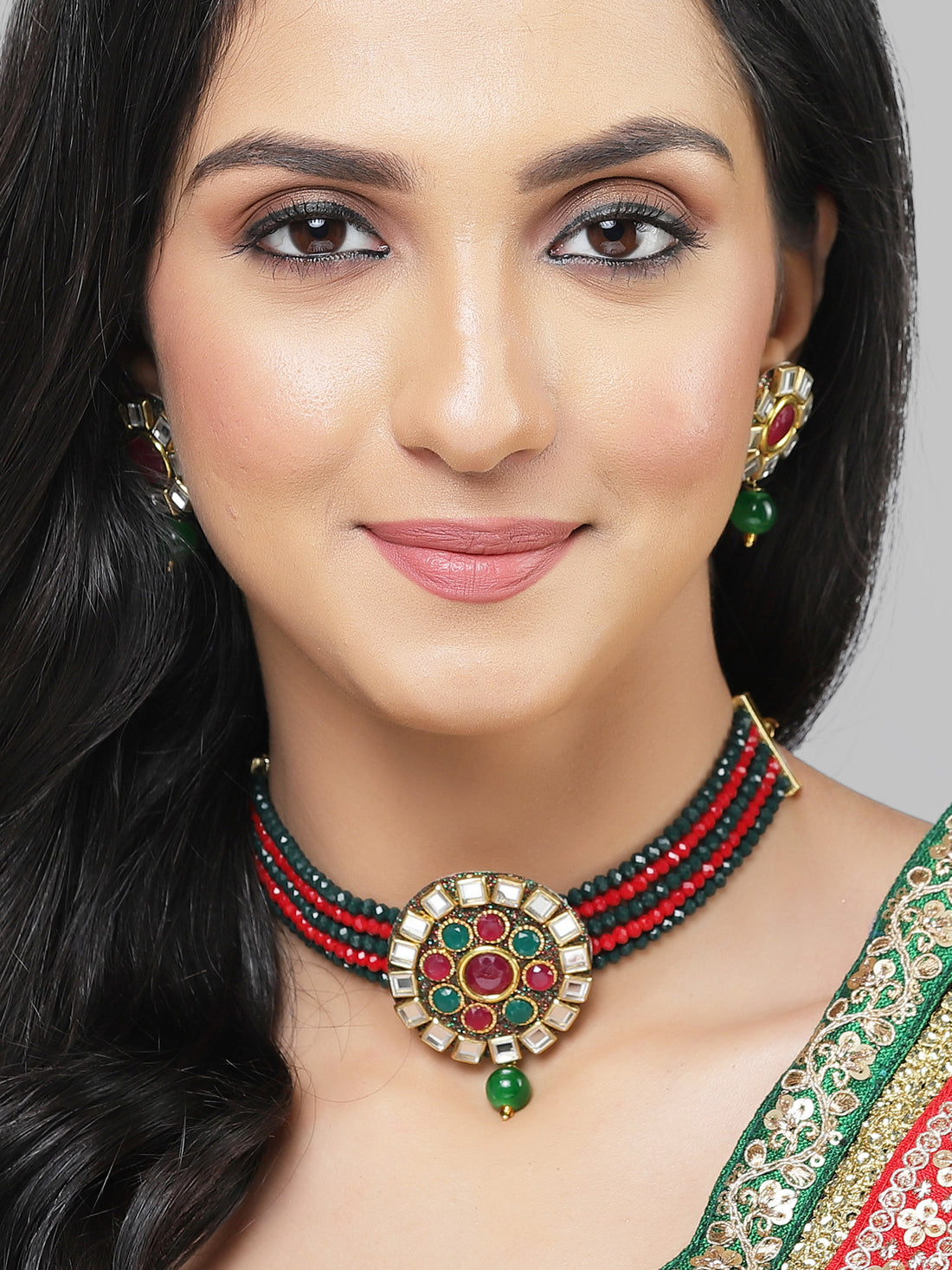 Karatcart Gold Plated Red and Green Crystal Studded Choker Necklace Set for Women