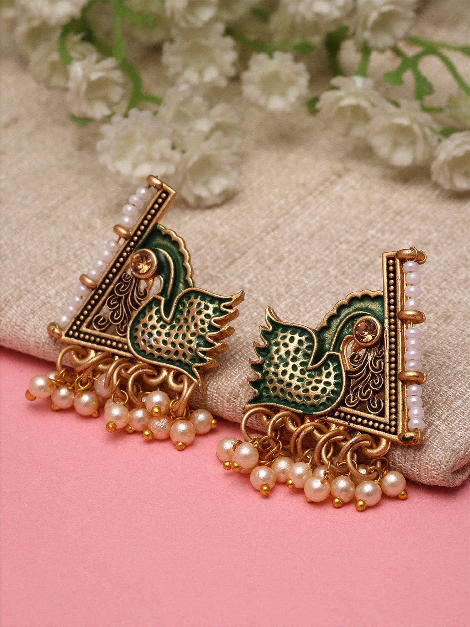 KARATCART Gold Plated Enamel Stud Green Earrings for Women