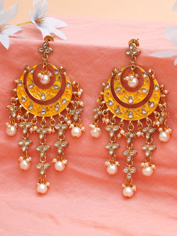 Karatcart Gold Plated Yellow Meena Lotus Shape Kundan Dangler Earrings for Women