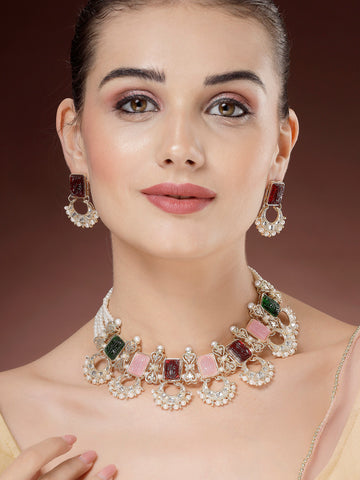 Karatcart Gold Plated Multicolor Carved Stone Jewellery Set for Women