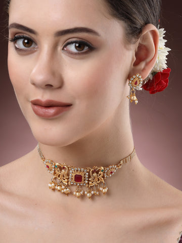 Karatcart Gold-Plated Red Stone Studded Temple Jewellery Set