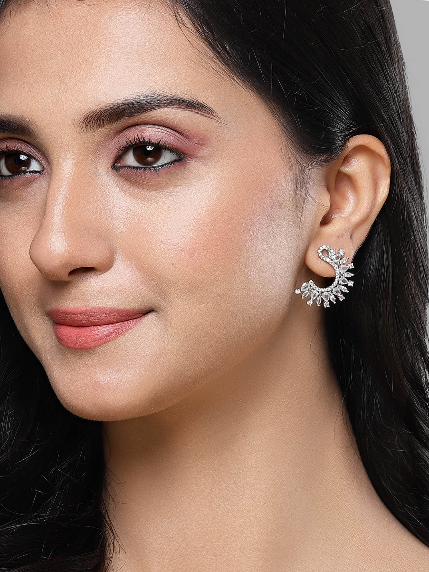 KARATCART Silver Plated American Diamond Stud Silver Earrings for