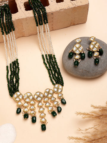 Karatcart Green Crystal Ploki Kundan Rani Haar Necklace Set for Women