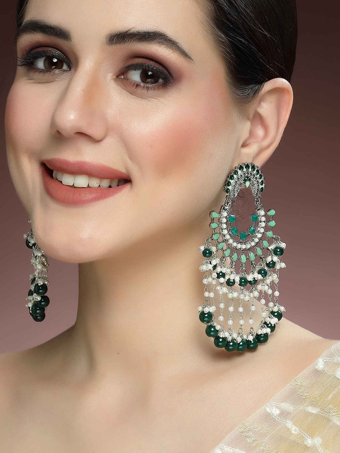Karatcart Gold Plated Green Beads Kundan Dangler Earrings for Women