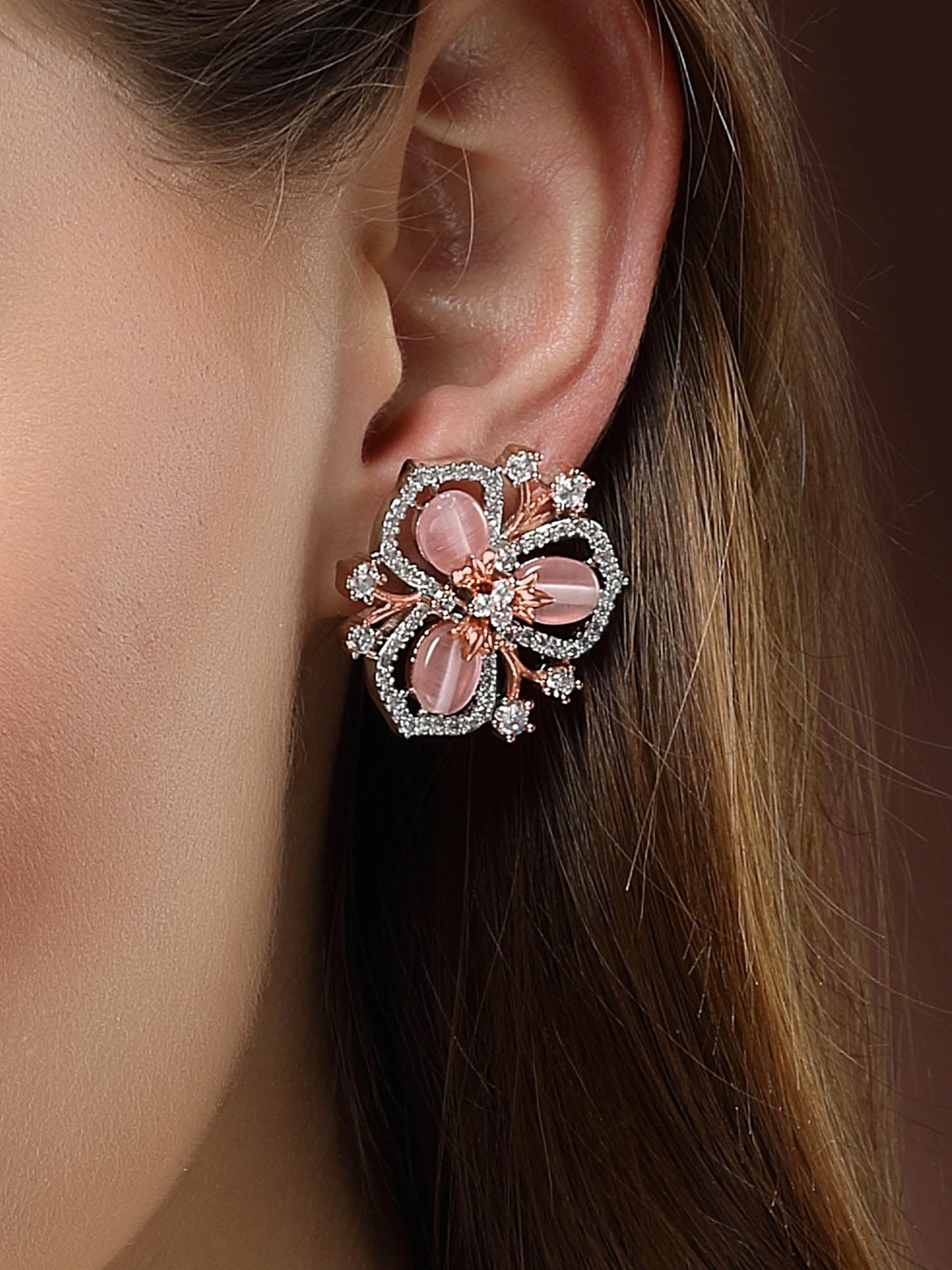 Karatcart Silver Rose Gold Plated Pink Stone Floral Design Cubic Zirconia Stud Earrings