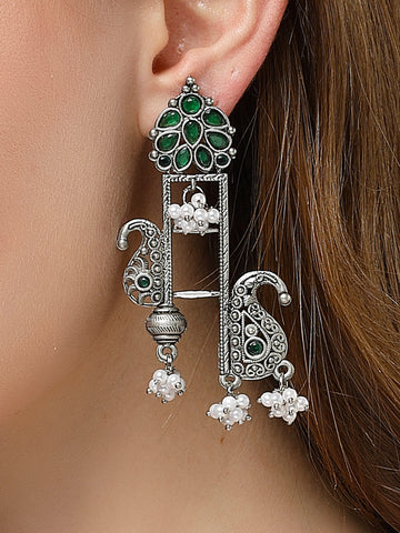 Karatcart Oxidised Silver Green Carved Stone Drop Earrings for Women