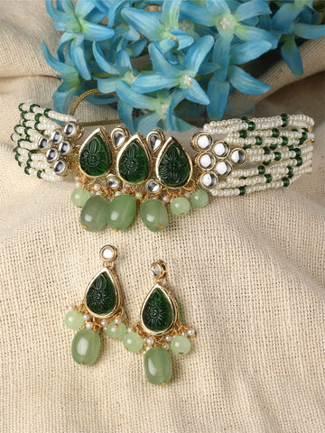 Karatcart Green Carved Stone Studded Pearl Beaded Kundan Choker Necklace Set for Women