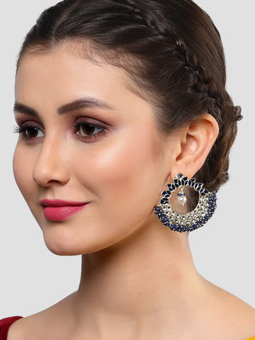 Karatcart Gold Plated Navy Blue Meena and Crystal Studded Kundan Hoop Earrings for Women