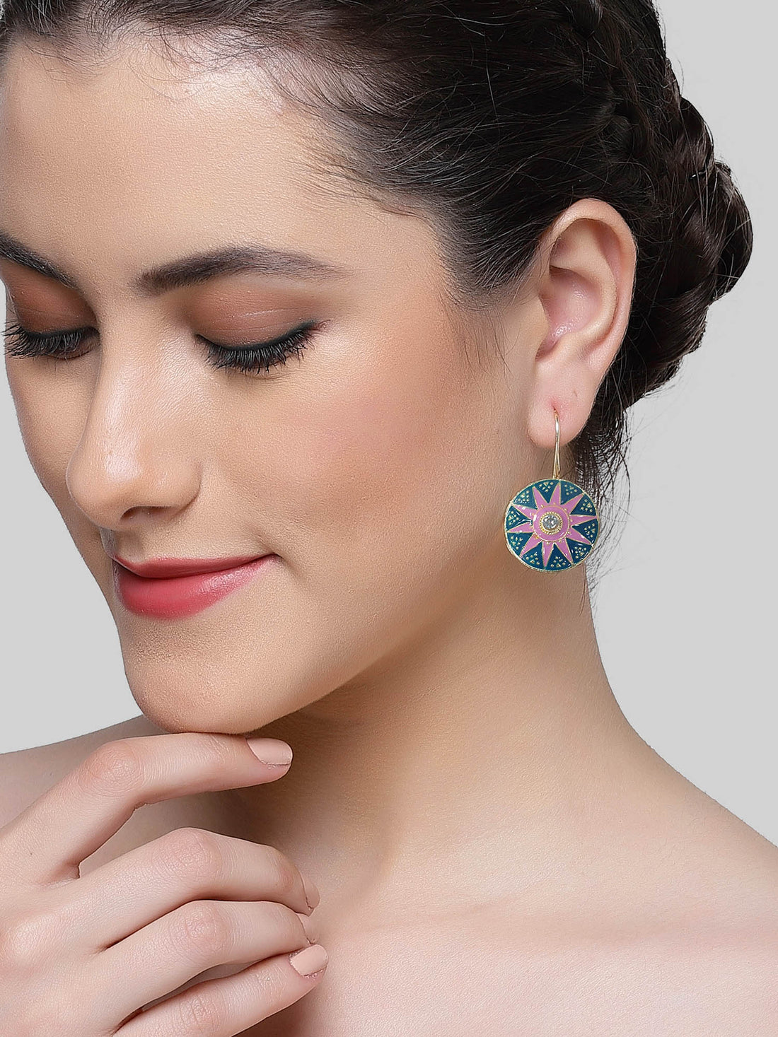 Karatcart Gold Plated Star Design Pink and Blue Meena Drop Earrings for Women