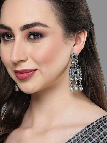 Karatcart Oxidised Silver Blue Kundan Studded Drop Earrings for Women