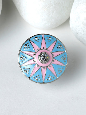 Karatcart Oxidised Silver Star Design Pink and Light Blue Meena Finger Ring for Women