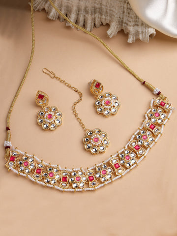Karatcart Gold Plated Red Stone Kundan Choker Necklace Set for Women