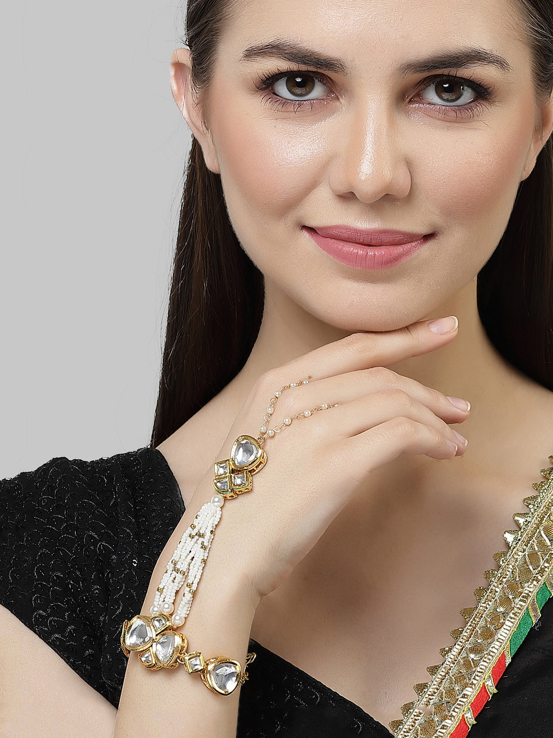 Karatcart Gold Plated Polki Kundan and White Moti Hathphool for Women