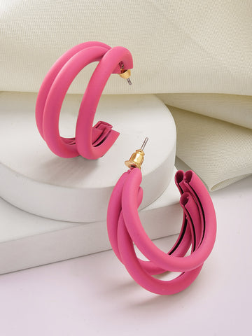 Bohey by KARATCART Matte Finish Pink Half Hoop Earrings
