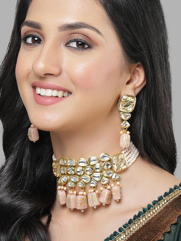 Karatcart Gold Plated Peach Tumble and Polki Kundan Choker Necklace Set for Women