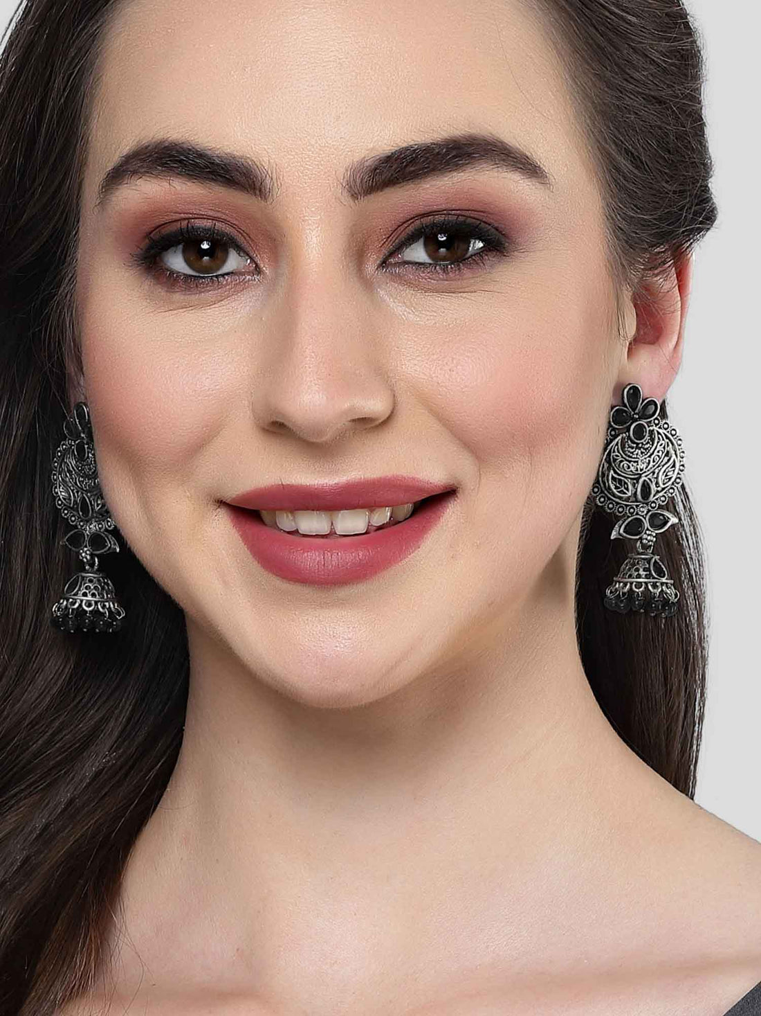 Karatcart Oxidised Silver Black Beads and Stone Studded Drop Earring for Women