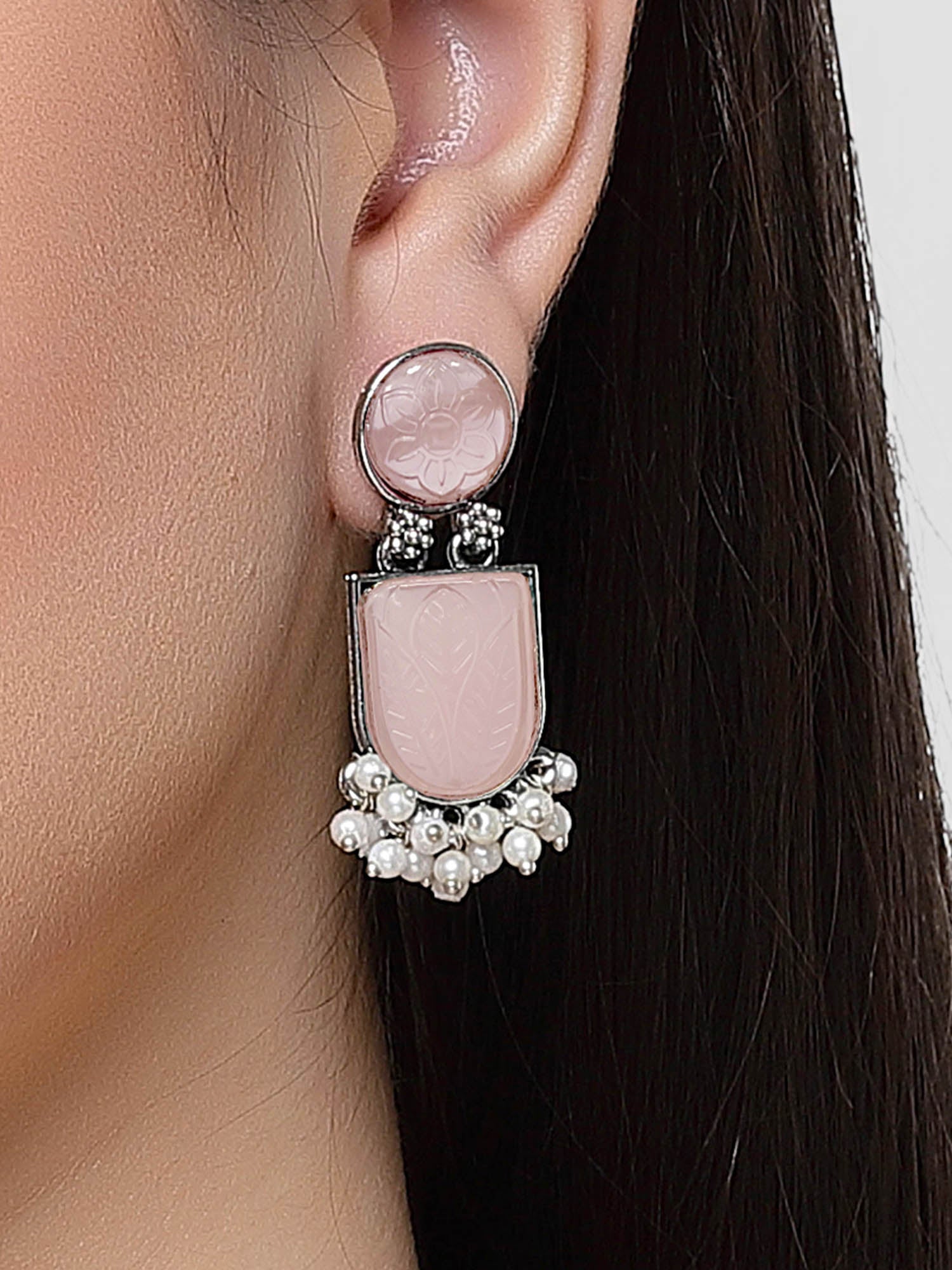 KARATCART Silver Plated Carved Stone Drop Pink Earrings for Women
