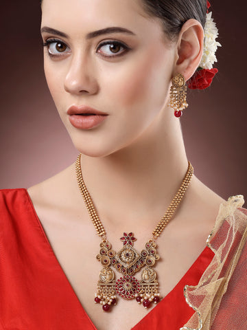 Karatcart Gold Plated Red Stone Temple Jewellery Set for Women