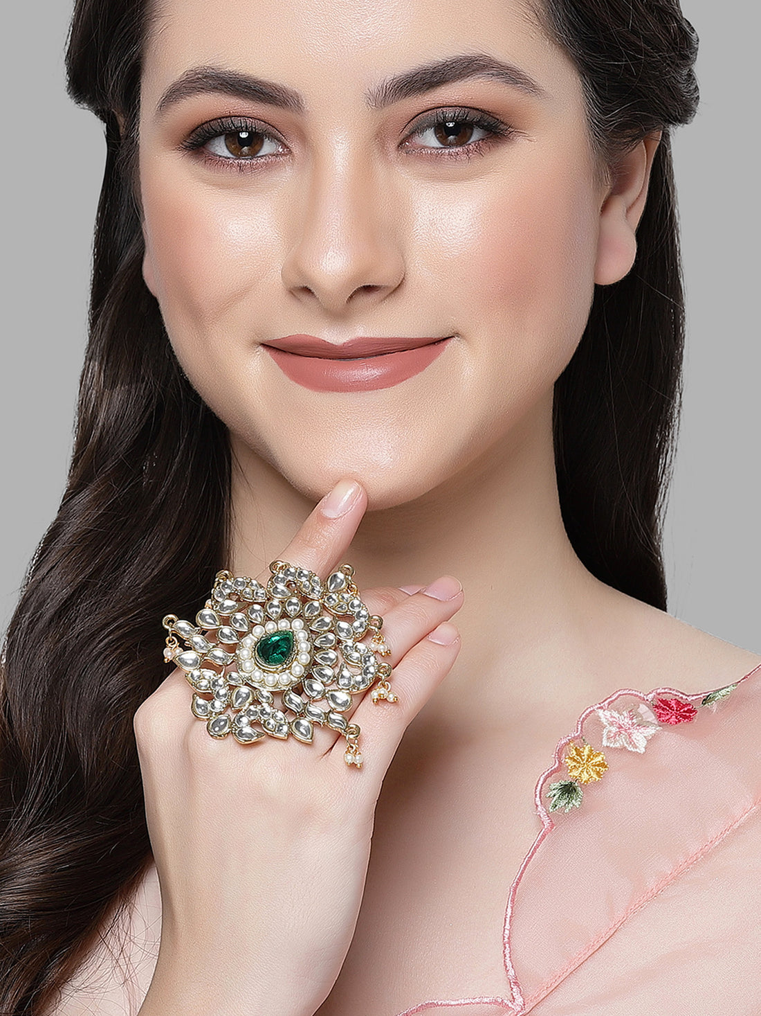 Karatcart Gold Plated Emerald Green Stone Studded Kundan Cocktail Ring for Women