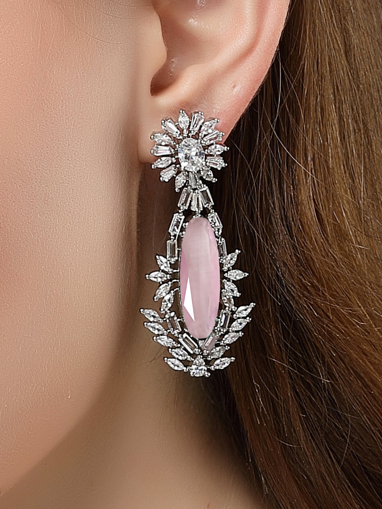 KARATCART Silver Plated American Diamond Drop Pink Earrings for Women