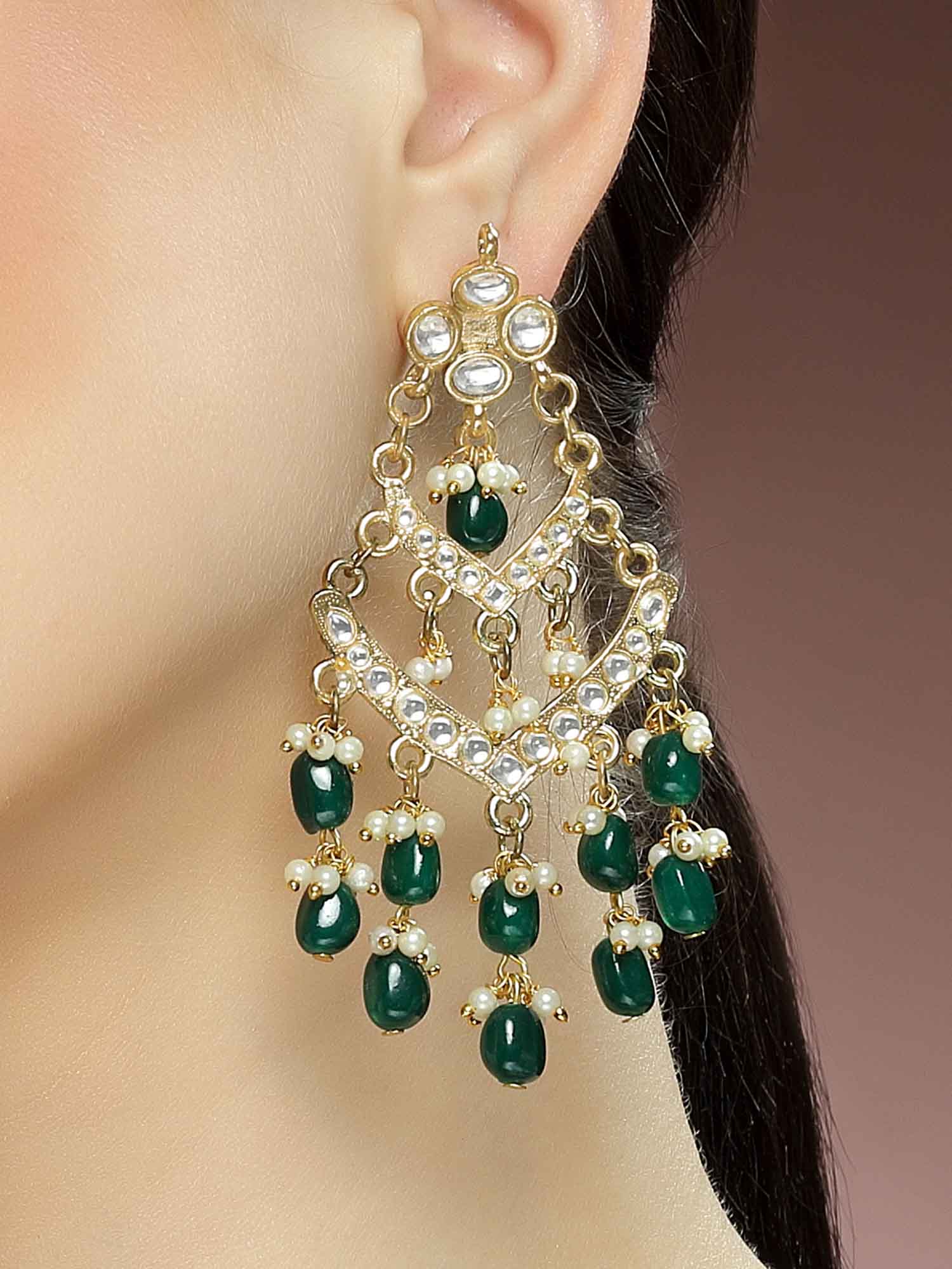 High Quality Gold Plated Kundan & Green Agate Beads And Onyx Stones online Shell Pearls Tear Drop Design 5 Layered Dangler Earring | Indian Jewelry