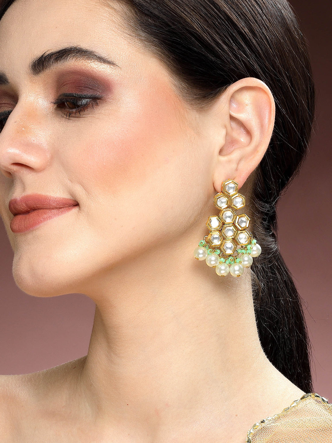 Karatcart Gold Plated Bee Hive Design Polki Kundan Drop Earrings for Women