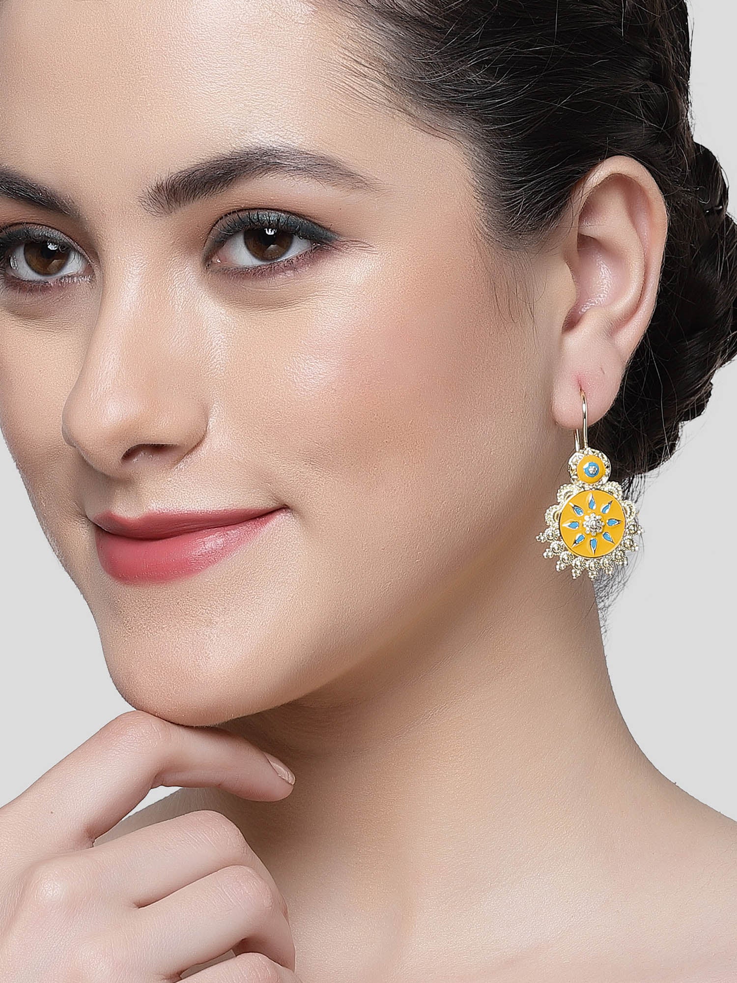 KARATCART Gold Plated Enamel Drop Yellow Earrings for Women