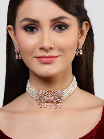 Karatcart Rose Gold Plated Pearl Beaded Cubic Zirconia Choker Necklace Set for Women