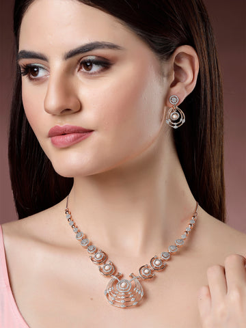 Karatcart Lightweight Rose Gold Plated Sparkling Cubic Zirconia Sleek Design Necklace Set for Women