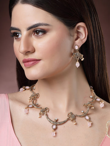 Karatcart Antique Gold Plated Pink Stone Elephant Design Classic Temple Jewellery Set for Women