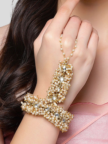 Karatcart Gold Plated Pearl and Kundan Hathphool for Women