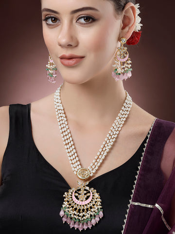 Karatcart Gold Plated Pink Meena Green Crystal Pearl Rani Haar Necklace for Women