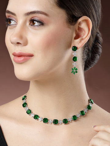 Karatcart Silver Plated Green Floral Cubic Zirconia Studded Necklace Set for Women