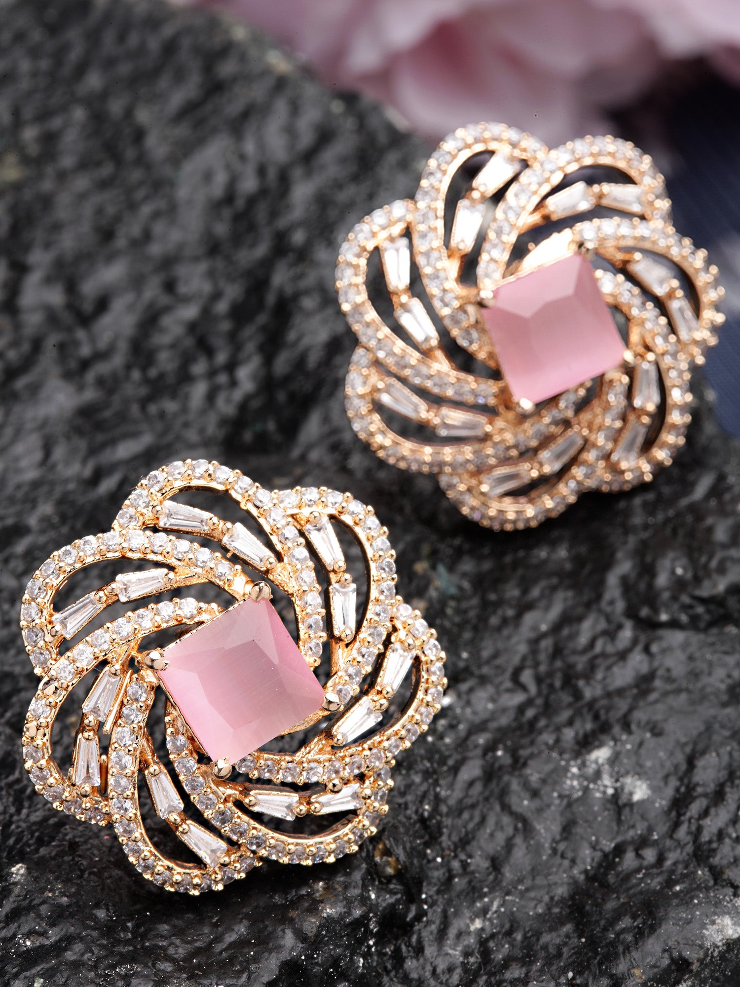Karatcart Rose Gold Plated Pink Cubic Zirconia Stud Earrings for Women