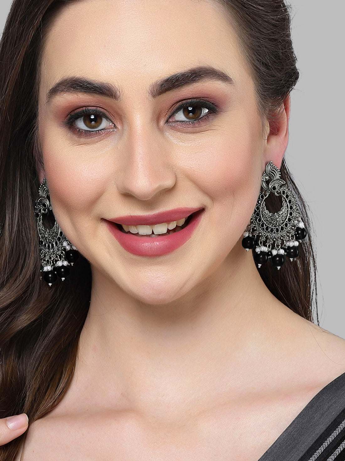 Karatcart Oxidised Silver Peacock Design Black Beads and Kundan Dangler Earrings for Women